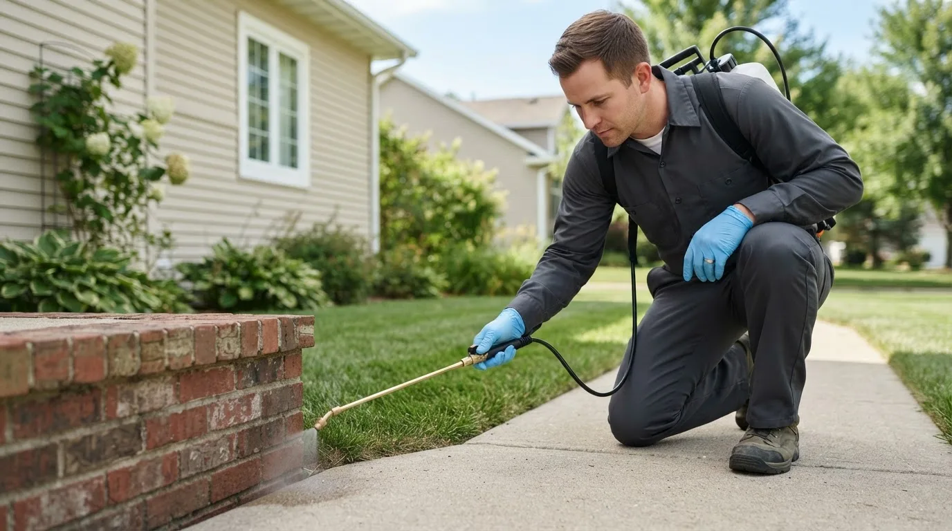 Pest control technician treating a home near Windsor, CO